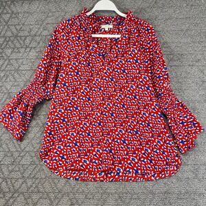 Jade Melody Tam Women's Red Blue Print Long Sleeve Blouse -‎ Size M